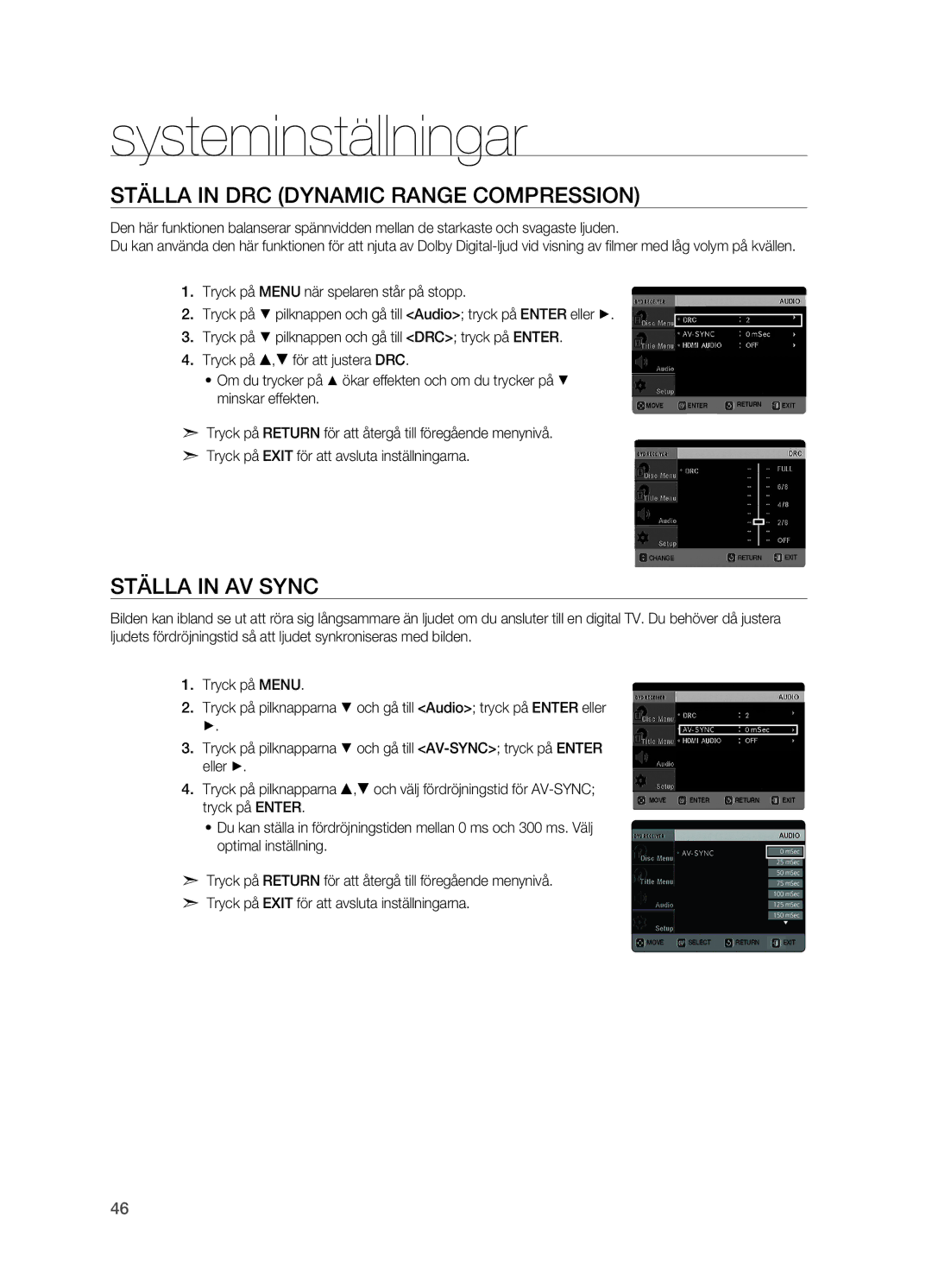 Samsung HT-X620T/XEE manual Ställa in DRC Dynamic Range Compression, Ställa in AV Sync 