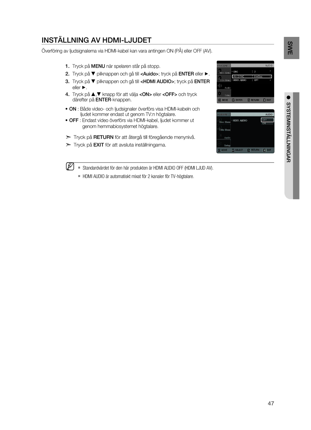 Samsung HT-X620T/XEE manual Inställning av HDMI-ljudet, Systeminställningar 