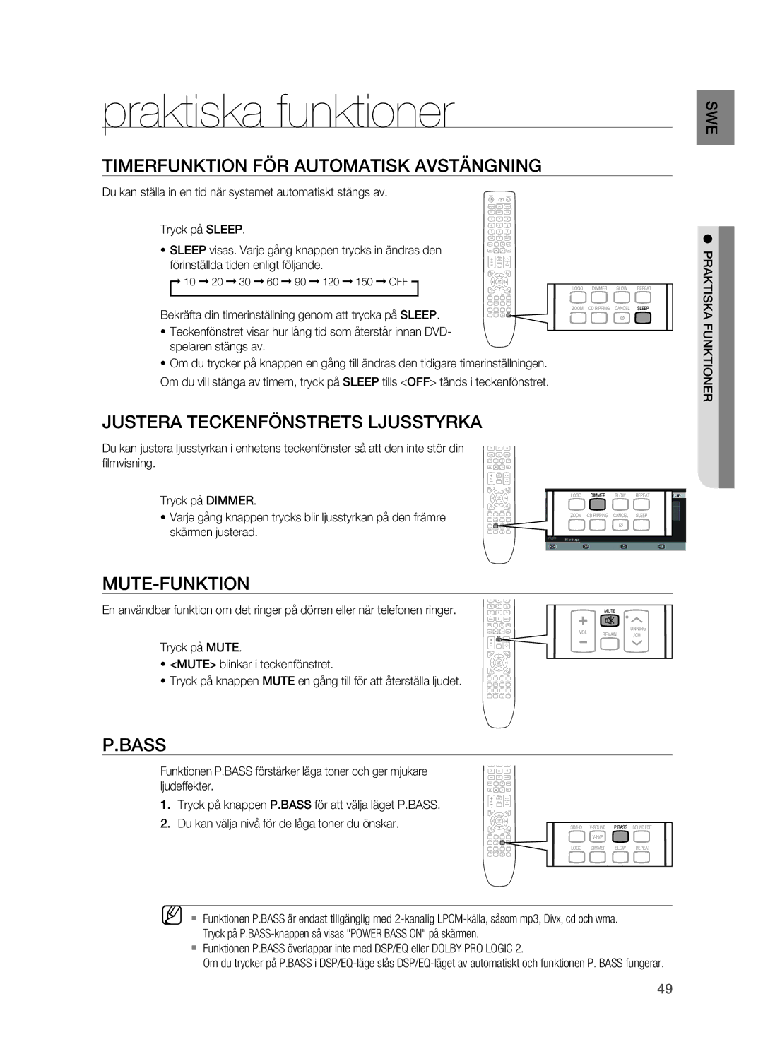 Samsung HT-X620T/XEE Praktiska funktioner, Timerfunktion FÖR Automatisk AVSTäNGNING, JUSTERA Teckenfönstrets LjUSSTYRKA 