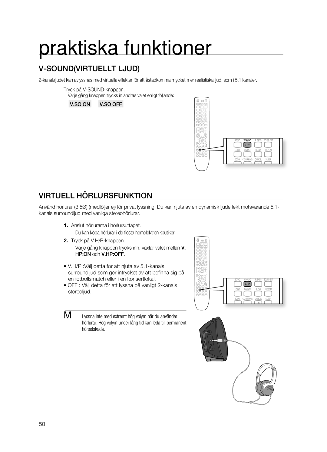 Samsung HT-X620T/XEE manual Soundvirtuellt LjUD, Virtuell Hörlursfunktion, SO on  V.SO OFF 