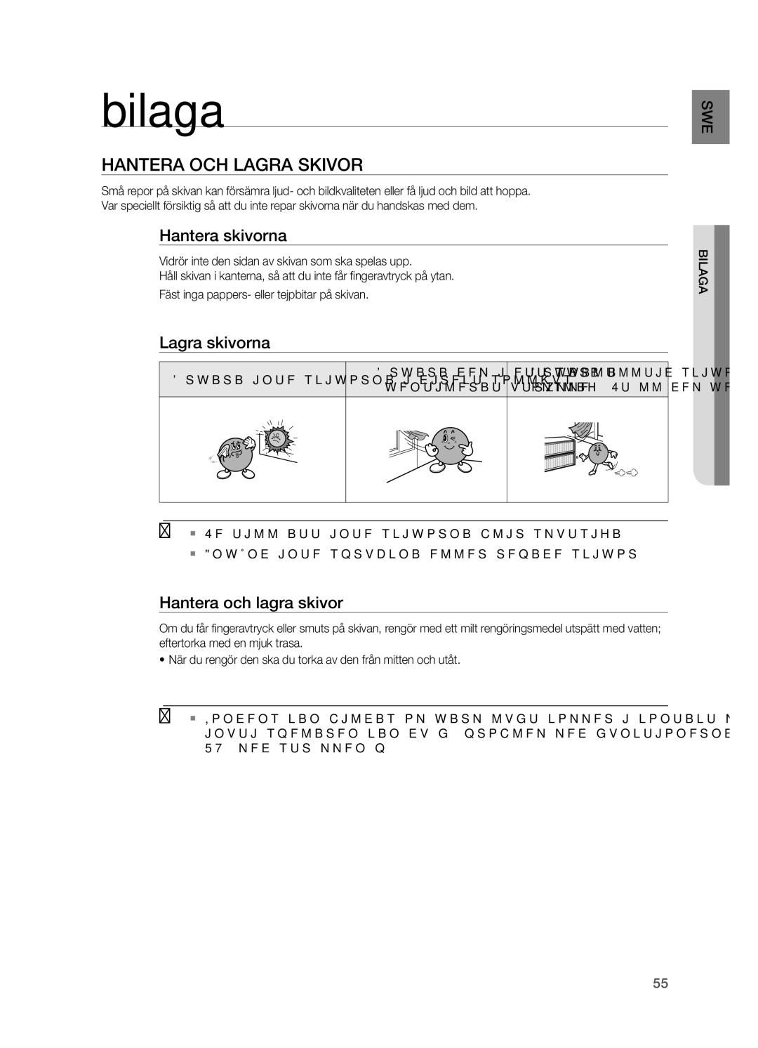 Samsung HT-X620T/XEE manual Bilaga, Hantera och lagra skivor, Hantera skivorna, Lagra skivorna 