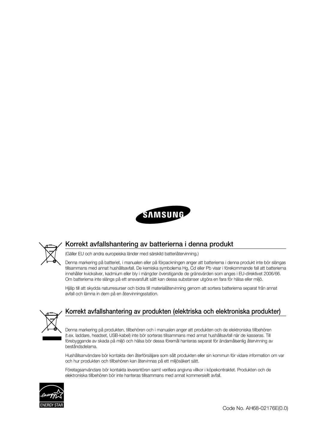 Samsung HT-X620T/XEE manual Korrekt avfallshantering av batterierna i denna produkt, Code No. AH68-02176E0.0 