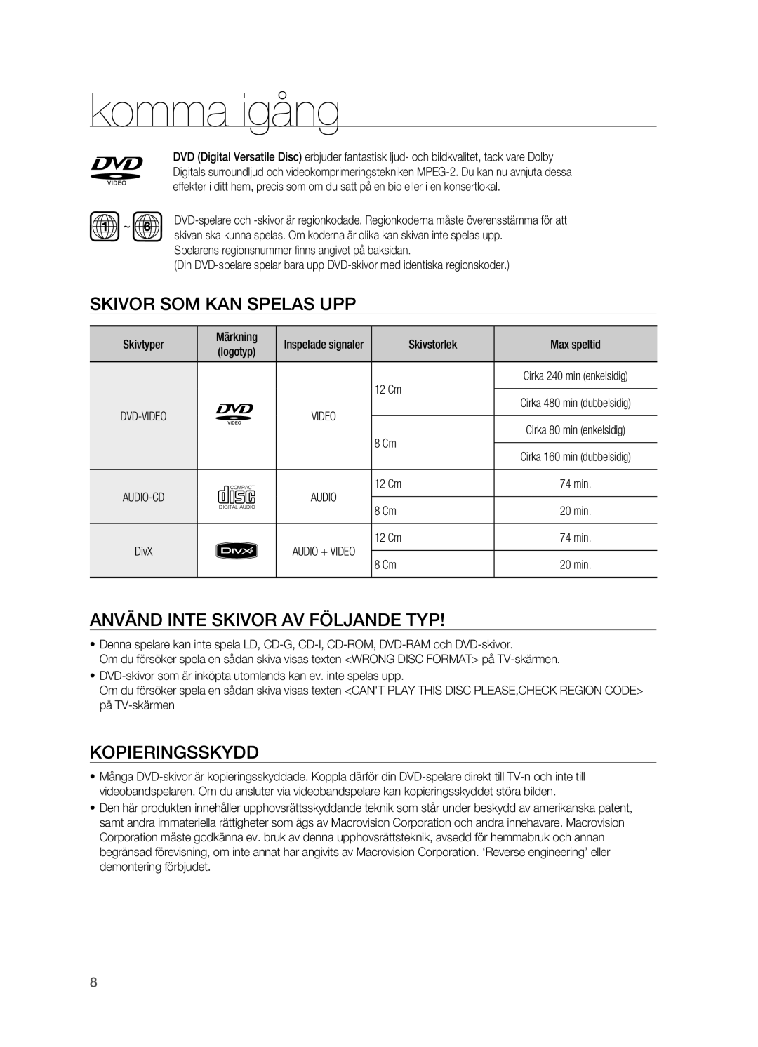 Samsung HT-X620T/XEE Skivor som kan spelas upp, Använd inte skivor av följande typ, Kopieringsskydd, Skivstorlek, 12 Cm 