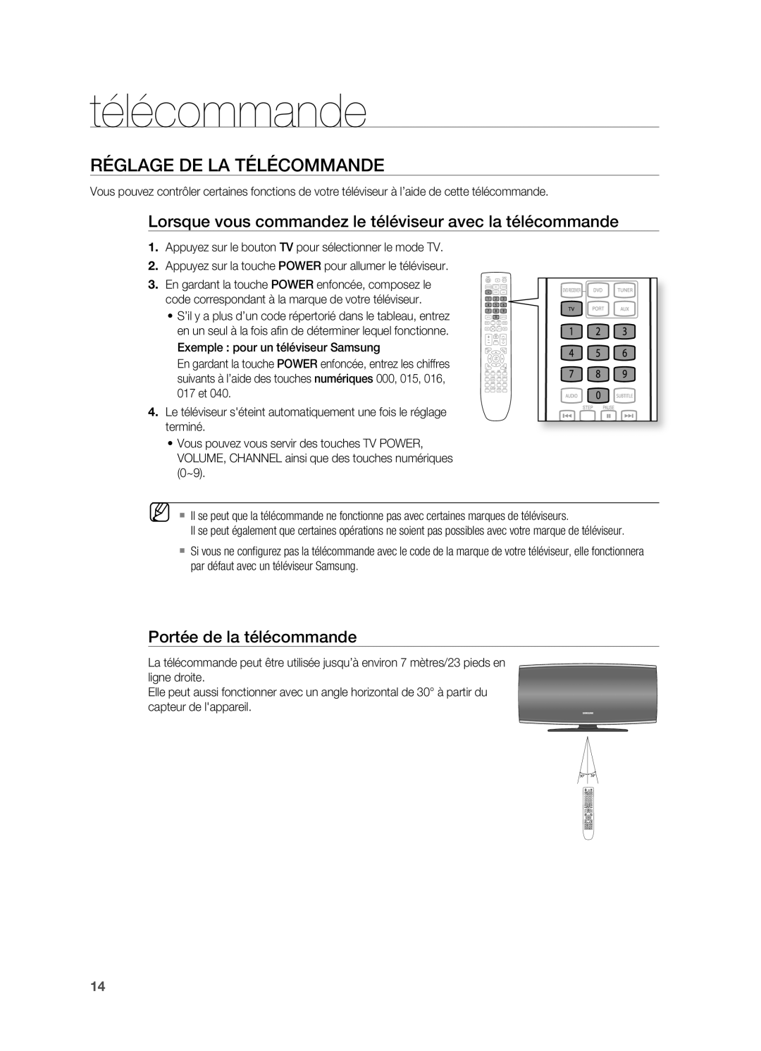 Samsung HT-X620T/XEF manual Réglage DE LA Télécommande, Lorsque vous commandez le téléviseur avec la télécommande 