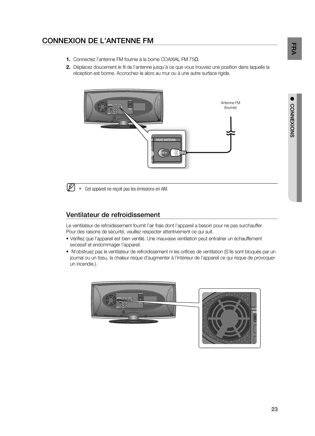 Samsung HT-X620T/XEF manual Connexion DE L’ANTENNE FM, Ventilateur de refroidissement 