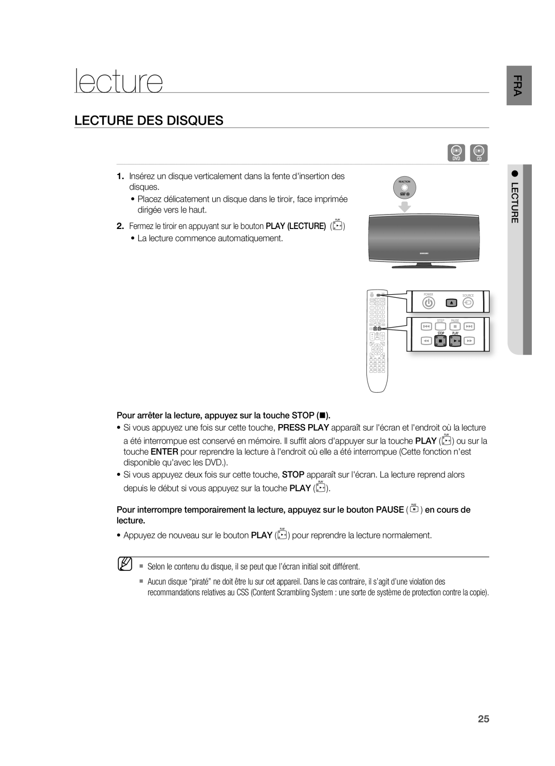 Samsung HT-X620T/XEF manual Lecture DES Disques 