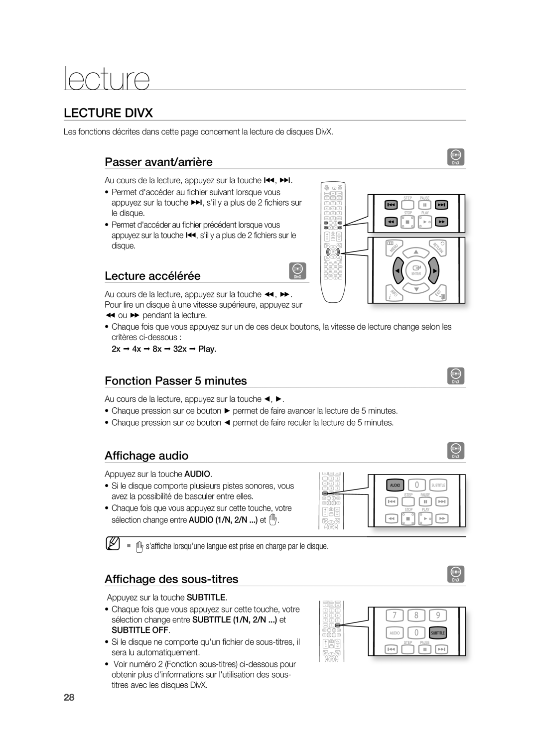 Samsung HT-X620T/XEF manual Lecture Divx 