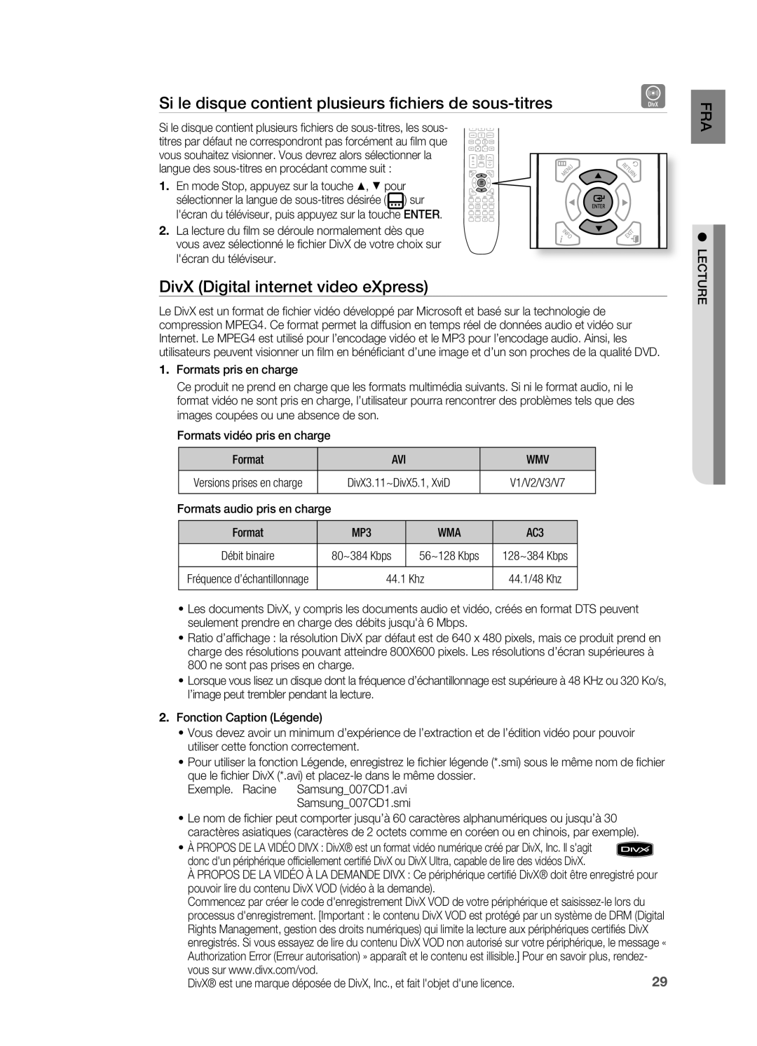 Samsung HT-X620T/XEF Si le disque contient plusieurs fichiers de sous-titres, DivX Digital internet video eXpress, Wmv 