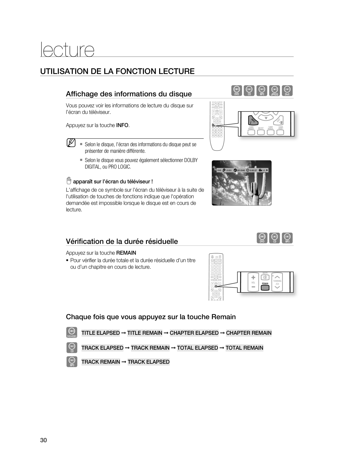 Samsung HT-X620T/XEF manual Utilisation DE LA Fonction Lecture, Affichage des informations du disque 