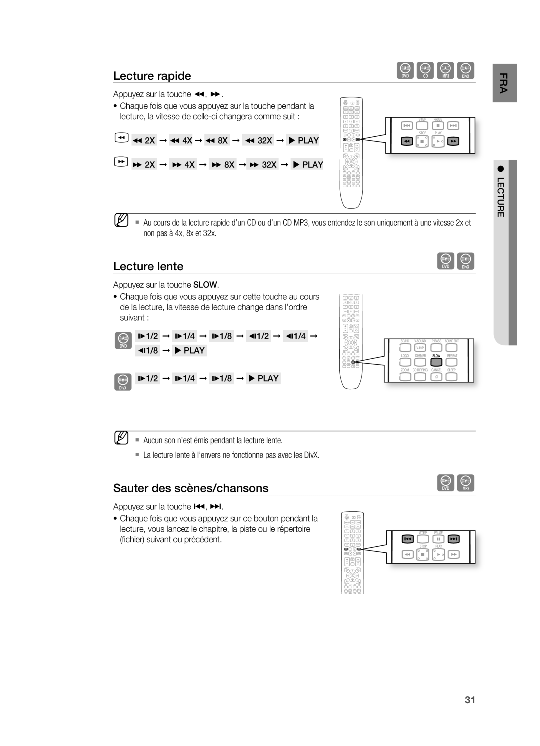 Samsung HT-X620T/XEF manual Lecture rapide, Lecture lente, Sauter des scènes/chansons 