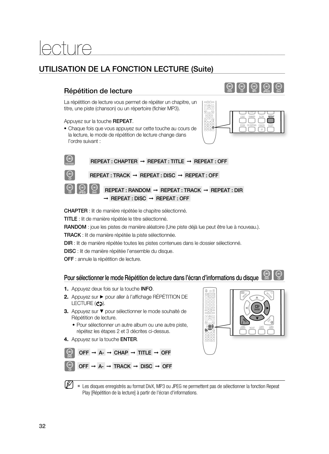 Samsung HT-X620T/XEF manual Utilisation DE LA Fonction Lecture Suite, Répétition de lecture, Appuyez sur la touche Enter 