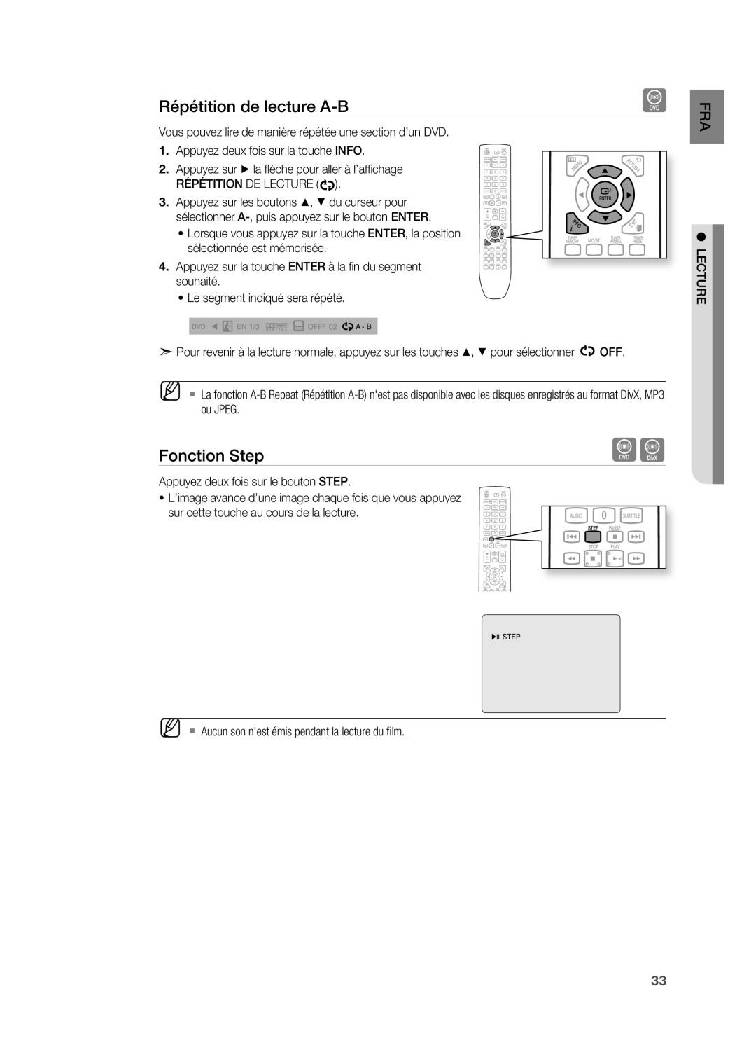 Samsung HT-X620T/XEF manual Répétition de lecture A-B, Fonction Step, Répétition DE Lecture, Ou Jpeg 