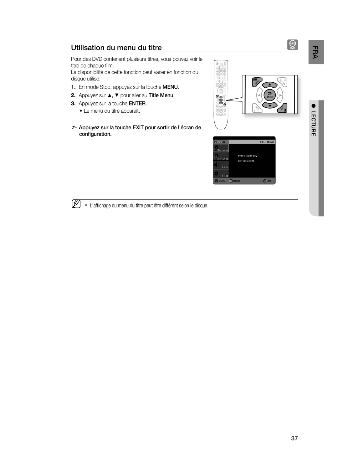 Samsung HT-X620T/XEF manual Utilisation du menu du titre 