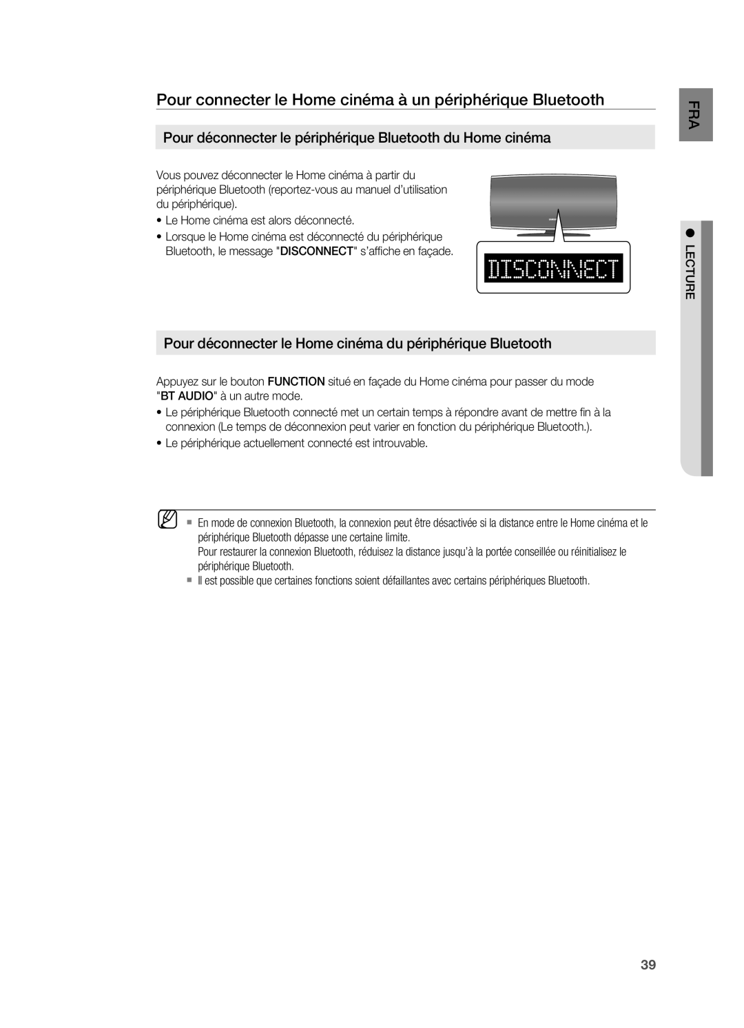 Samsung HT-X620T/XEF manual Pour déconnecter le périphérique Bluetooth du Home cinéma, Lecture 