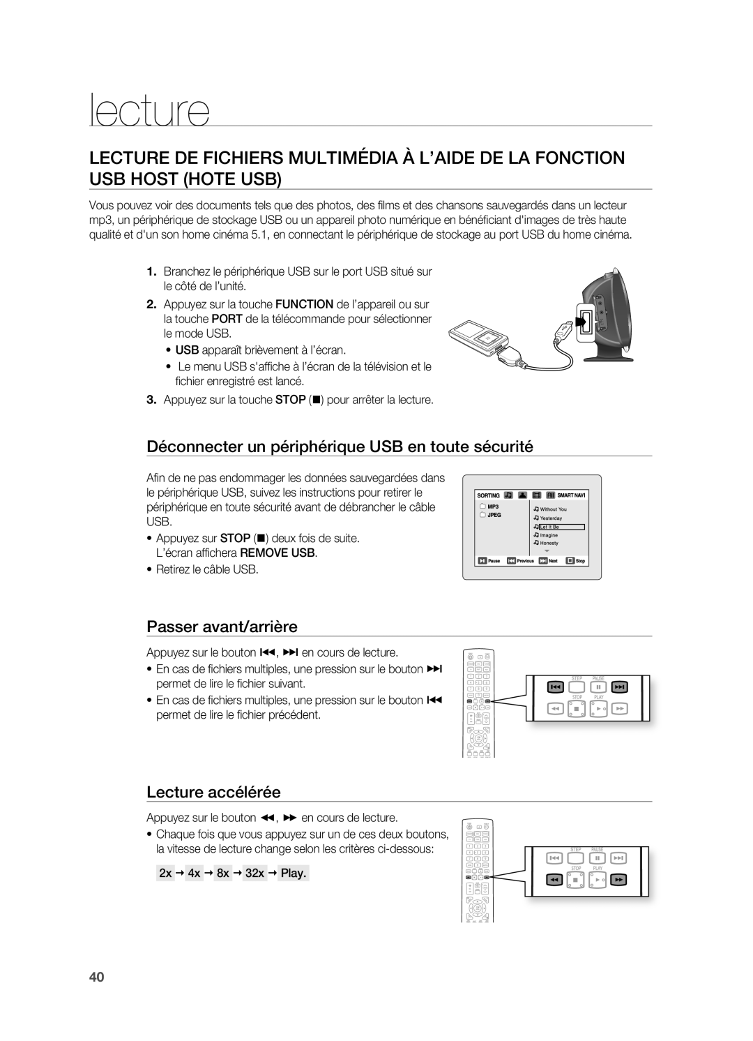 Samsung HT-X620T/XEF Déconnecter un périphérique USB en toute sécurité, ~ Retirez le câble USB, 2x  4x  8x  32x  Play 