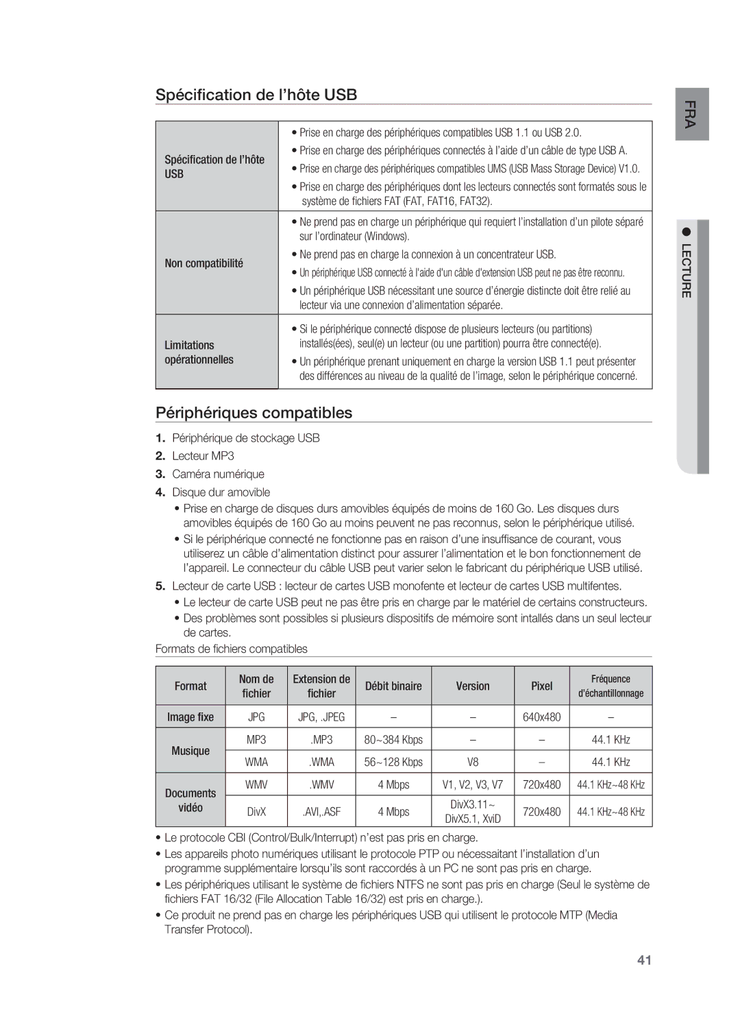 Samsung HT-X620T/XEF manual Spécification de l’hôte USB, Périphériques compatibles, Usb 