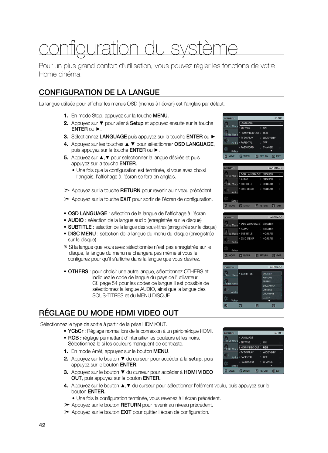 Samsung HT-X620T/XEF manual Configuration du système, Configuration de la langue, Réglage du Mode Hdmi Video OUT 