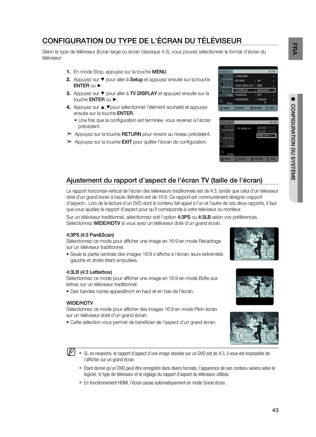 Samsung HT-X620T/XEF manual Configuration du type de l’écran du téléviseur, Wide/Hdtv, Configuration du système 