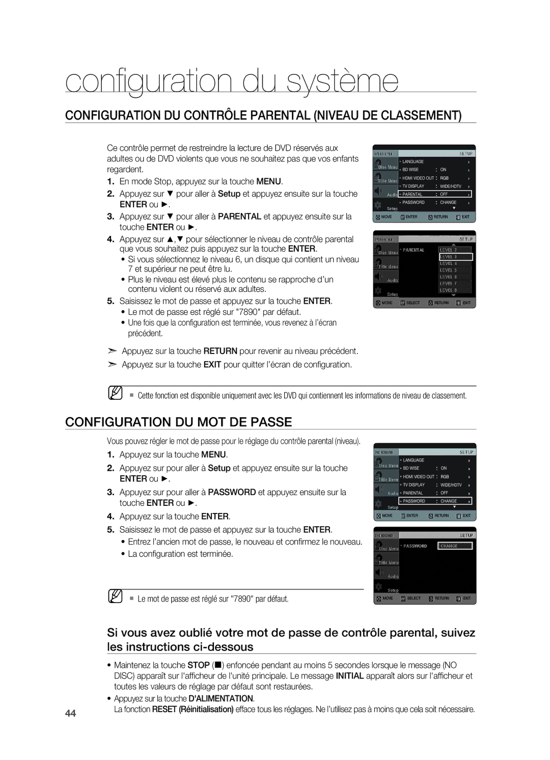 Samsung HT-X620T/XEF manual Configuration du contrôle parental Niveau de classement, Configuration du mot de passe 