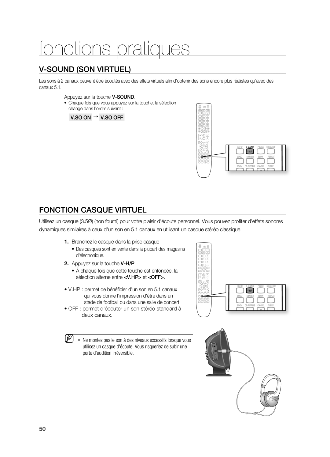 Samsung HT-X620T/XEF manual Sound SON Virtuel, Fonction Casque Virtuel, SO on  V.SO OFF 