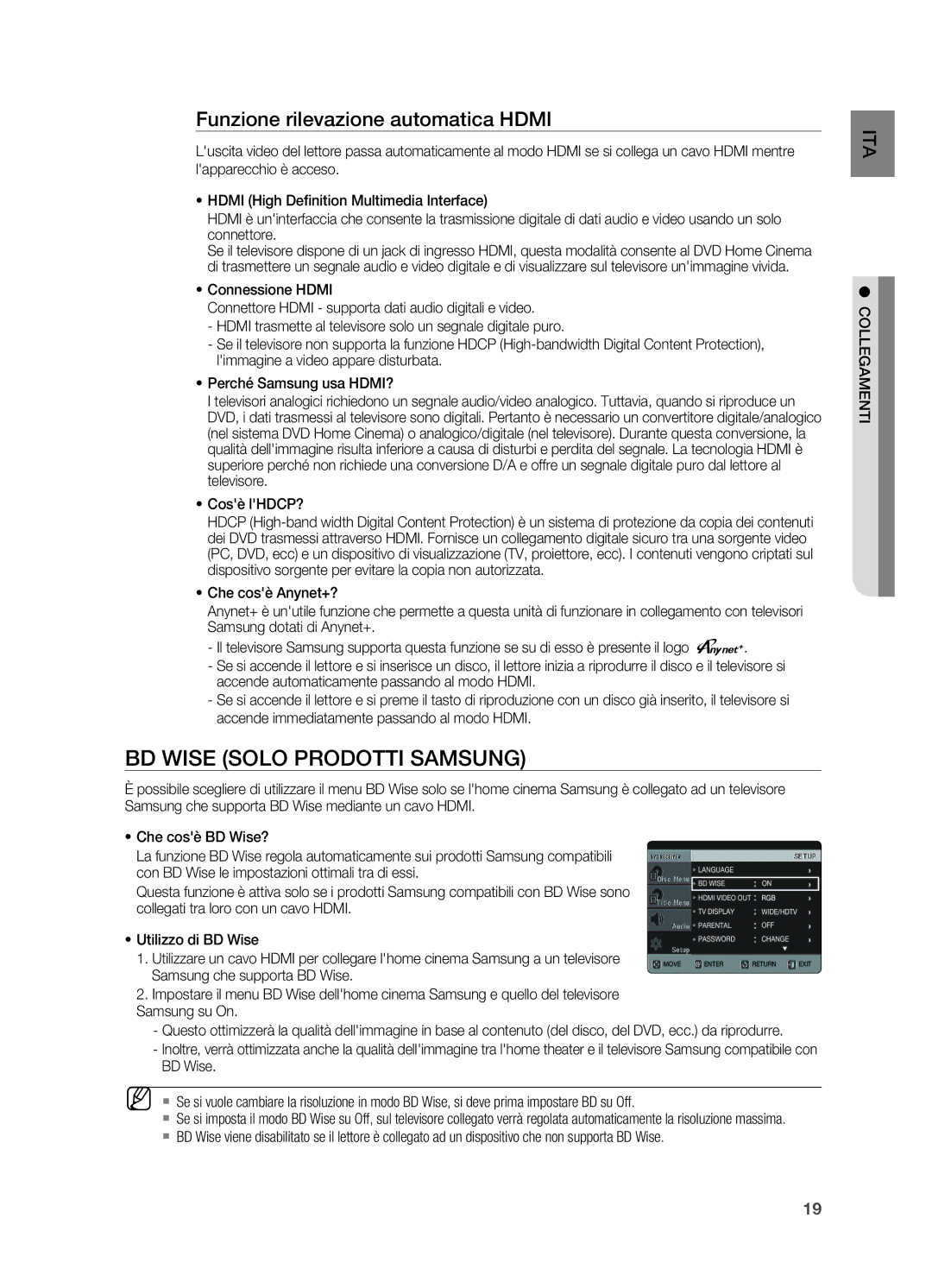 Samsung HT-X620T/XET manual BD Wise solo prodotti Samsung, Funzione rilevazione automatica Hdmi, Collegamenti 