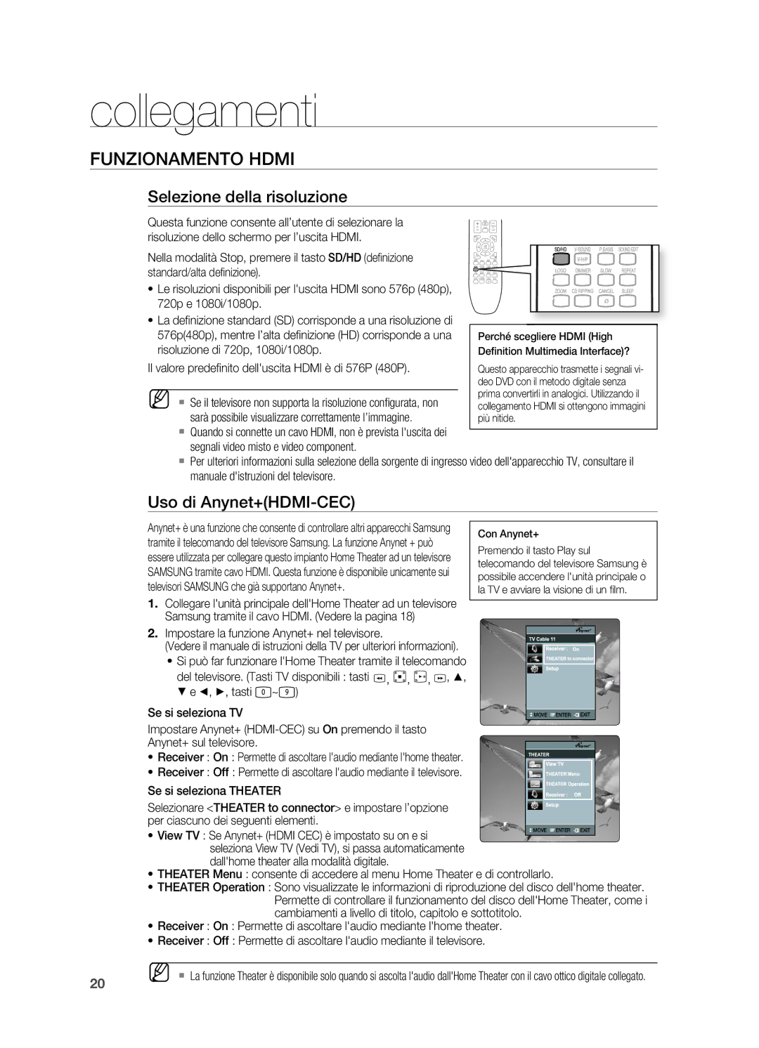 Samsung HT-X620T/XET manual Funzionamento Hdmi, Selezione della risoluzione, Uso di Anynet+HDMI-CEC 