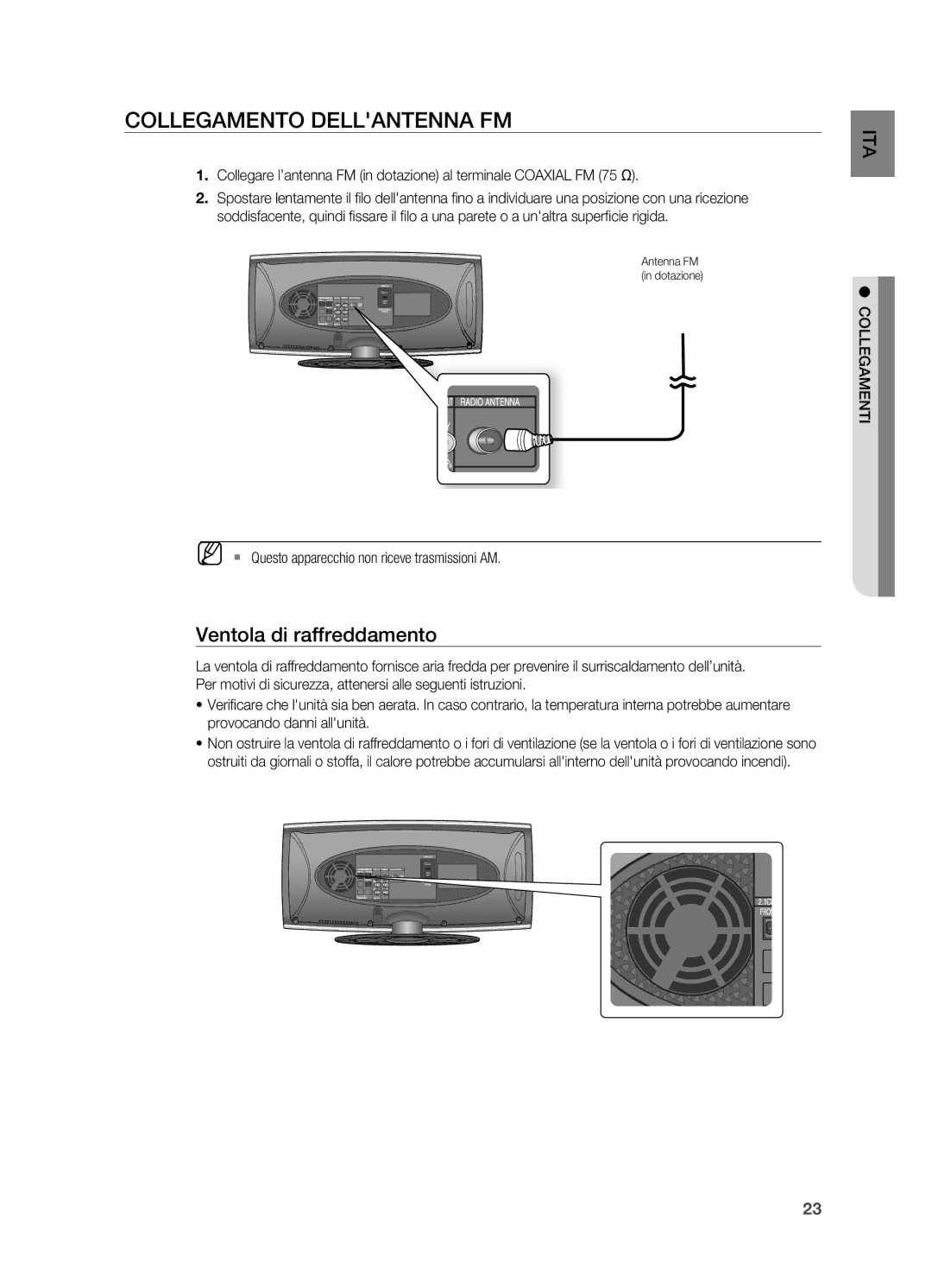 Samsung HT-X620T/XET manual Collegamento Dellantenna FM, Ventola di raffreddamento 