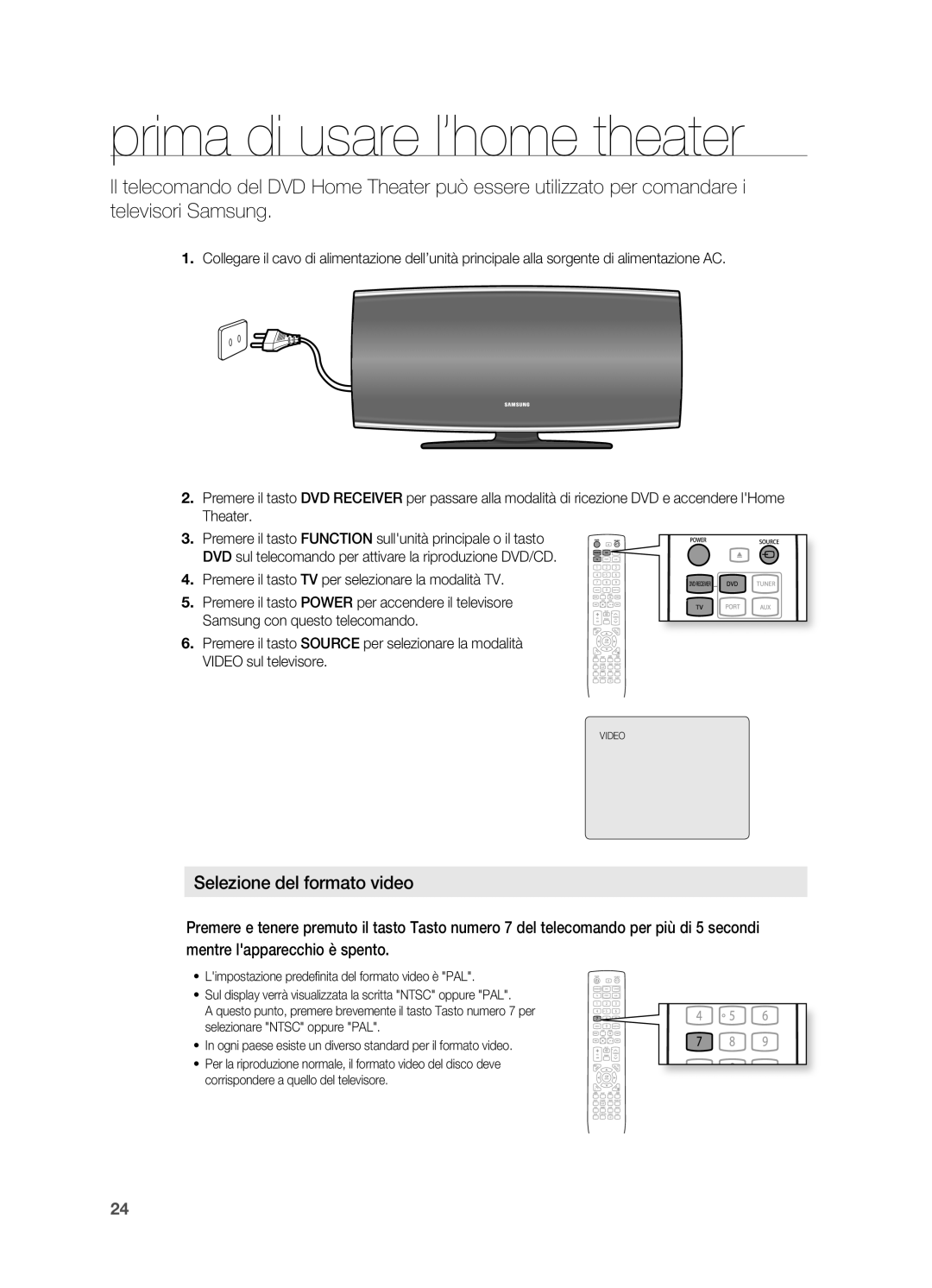 Samsung HT-X620T/XET manual Prima di usare l’home theater, Selezione del formato video 