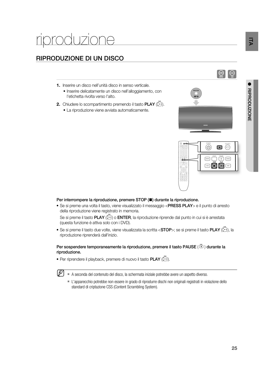 Samsung HT-X620T/XET manual Riproduzione DI UN Disco, Inserire un disco nell’unità disco in senso verticale 