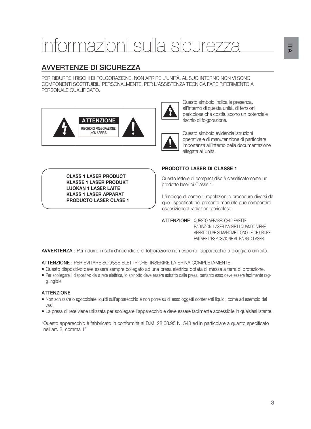 Samsung HT-X620T/XET manual Informazioni sulla sicurezza, Avvertenze DI sicurezza, Attenzione 