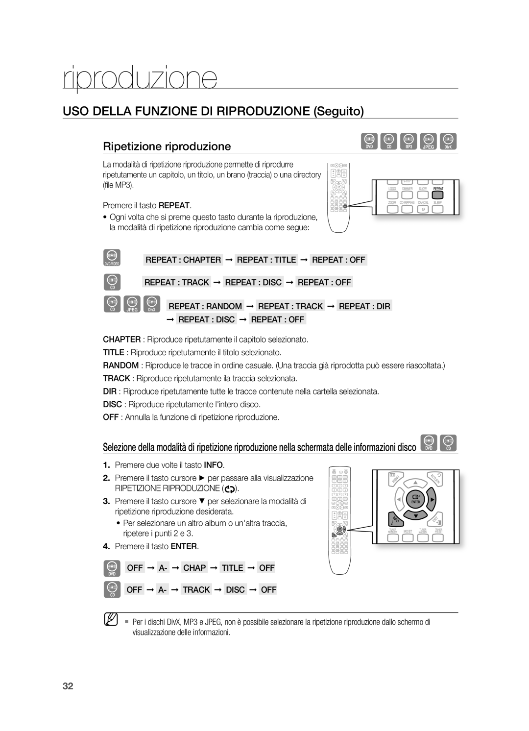 Samsung HT-X620T/XET manual USO Della Funzione DI Riproduzione Seguito, Ripetizione riproduzione, Ripetizione Riproduzione 