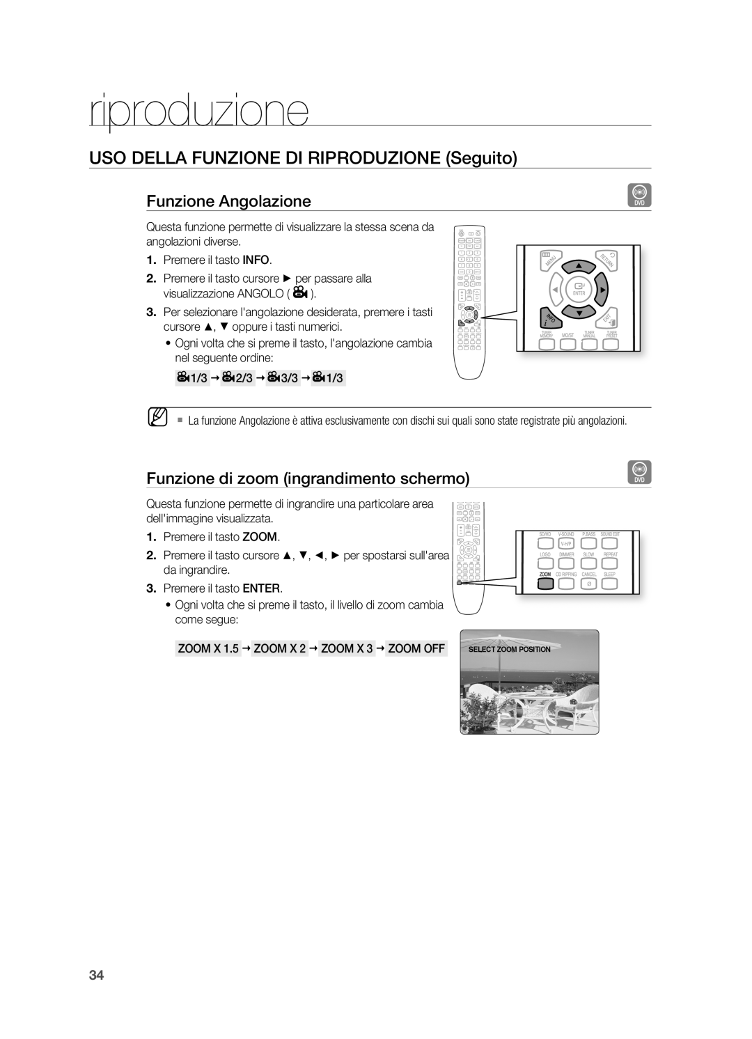 Samsung HT-X620T/XET manual Funzione Angolazione, Funzione di zoom ingrandimento schermo 