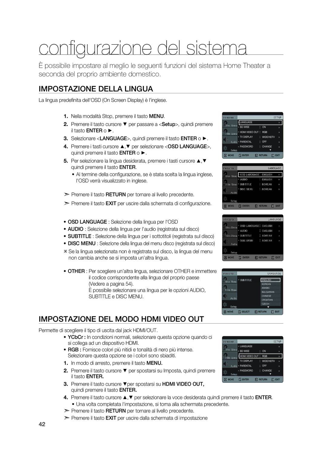 Samsung HT-X620T/XET manual Configurazione del sistema, Impostazione della lingua, Impostazione del modo Hdmi Video OUT 