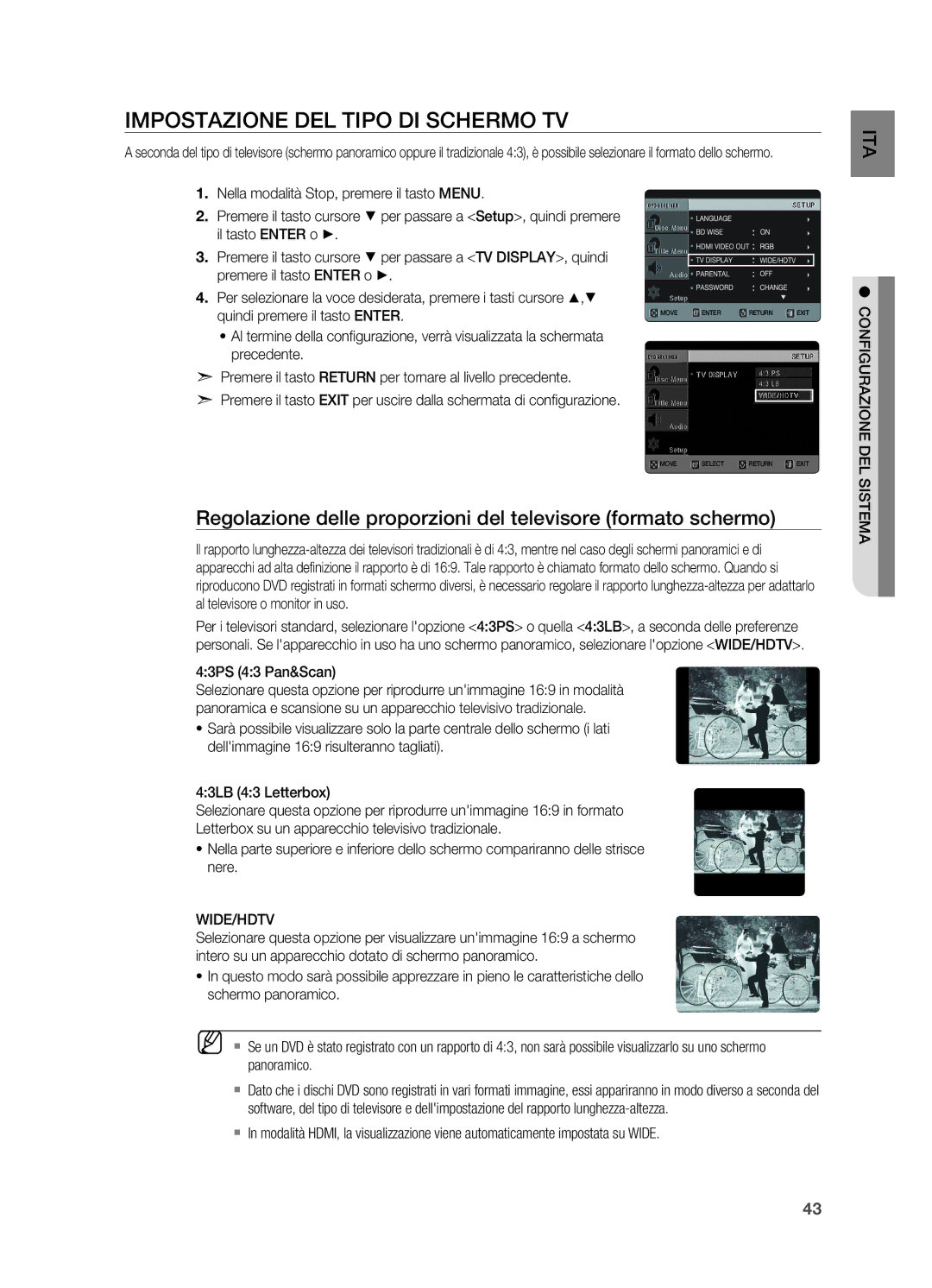 Samsung HT-X620T/XET manual Impostazione del tipo di schermo TV, 43PS 43 Pan&Scan, Wide/Hdtv 