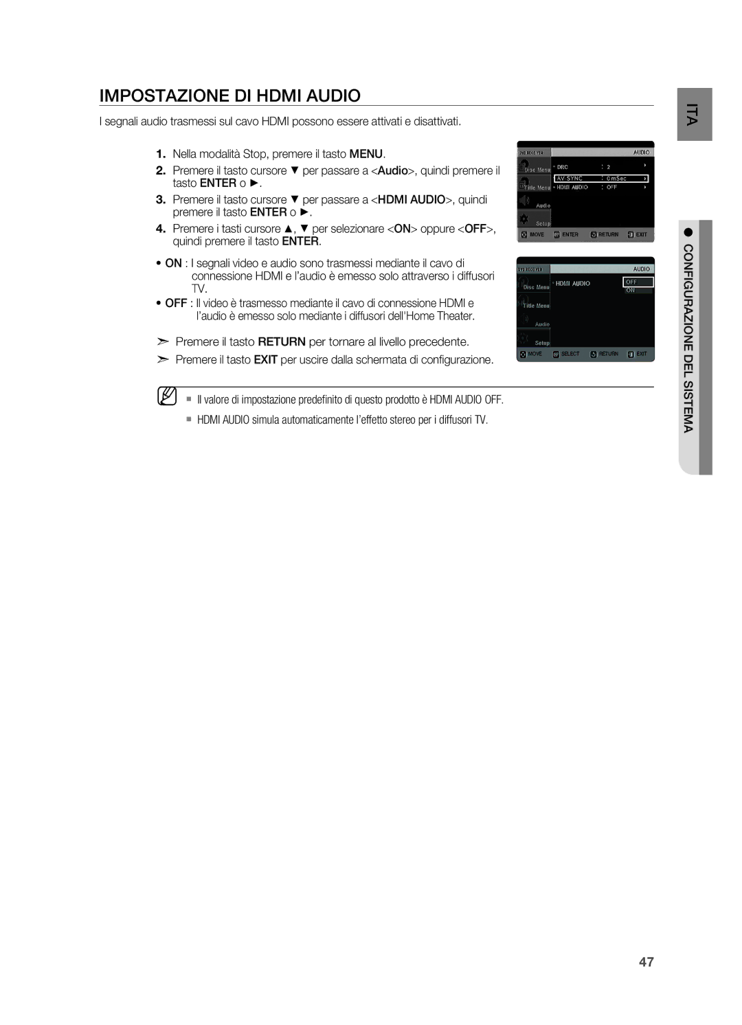 Samsung HT-X620T/XET manual Impostazione di Hdmi Audio, Quindi premere il tasto Enter 