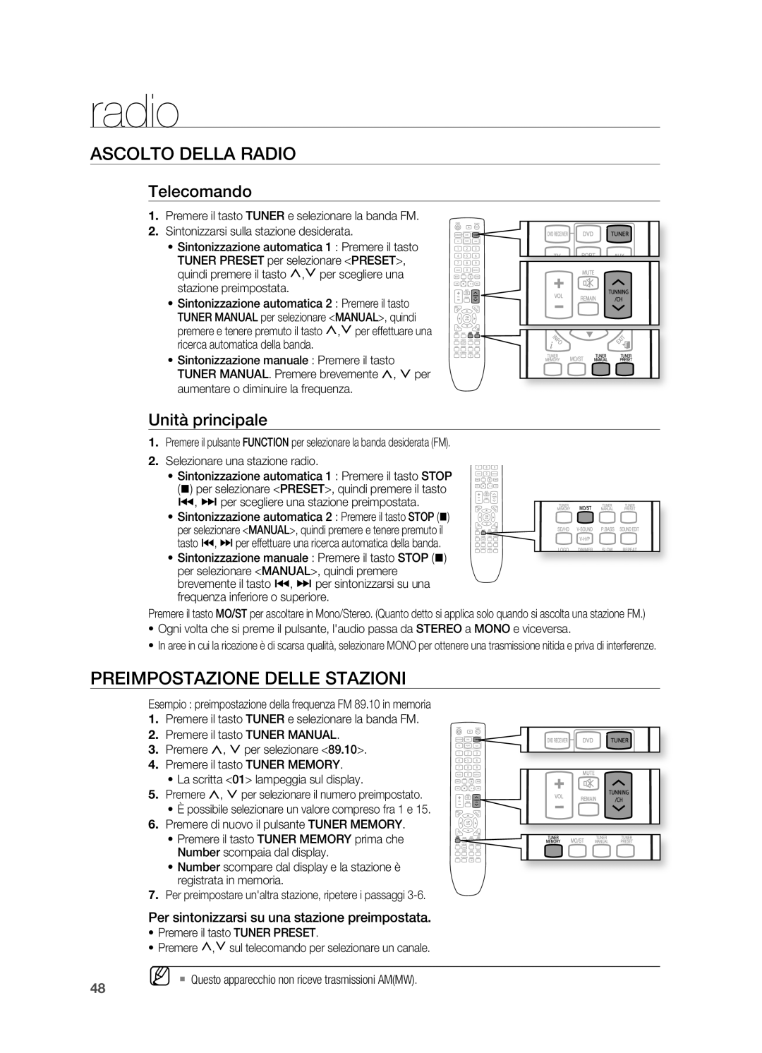 Samsung HT-X620T/XET manual Ascolto Della Radio, Preimpostazione Delle Stazioni, Telecomando, Unità principale 