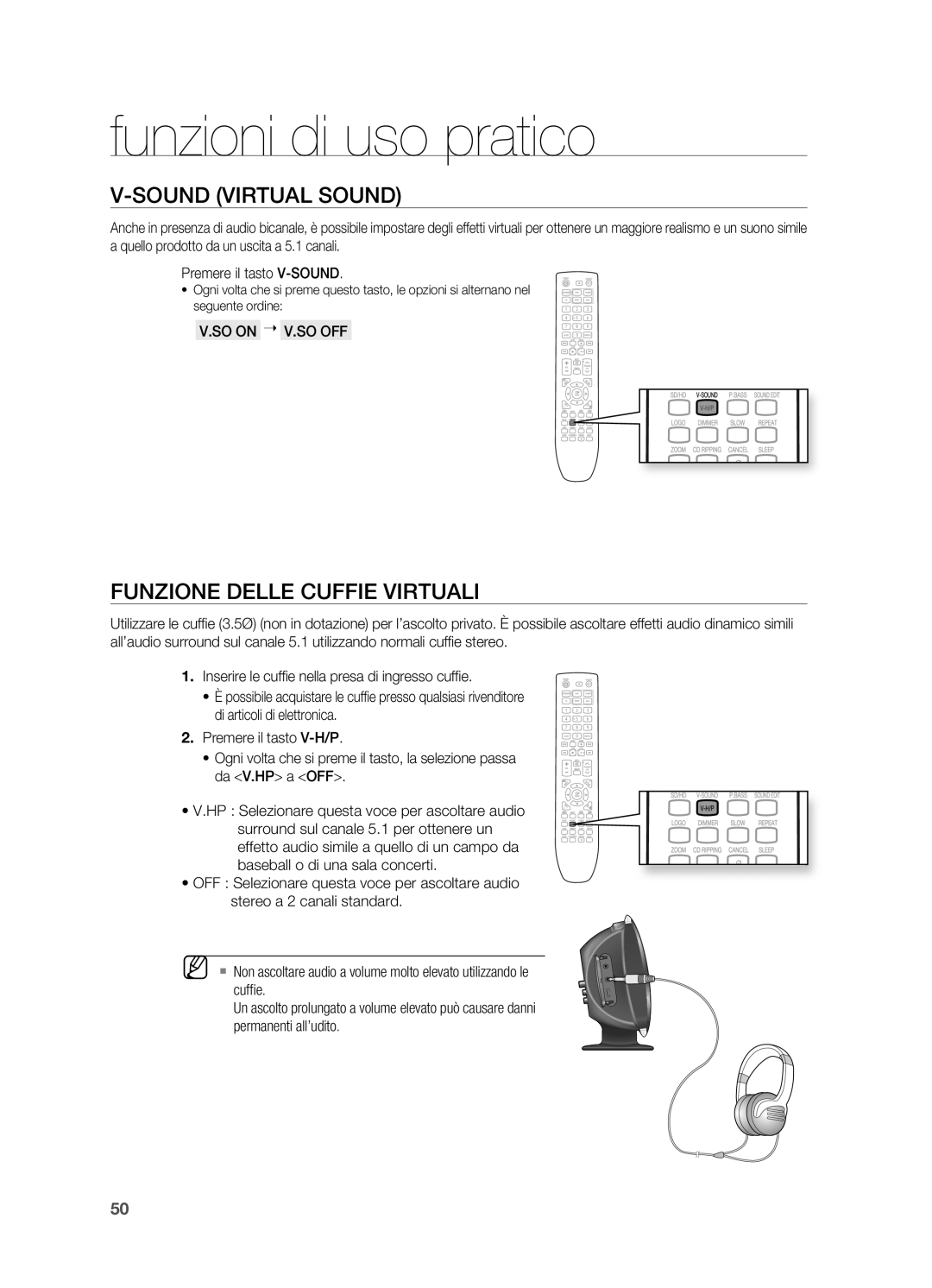 Samsung HT-X620T/XET manual Sound Virtual Sound, Funzione Delle Cuffie Virtuali, SO on  V.SO OFF 