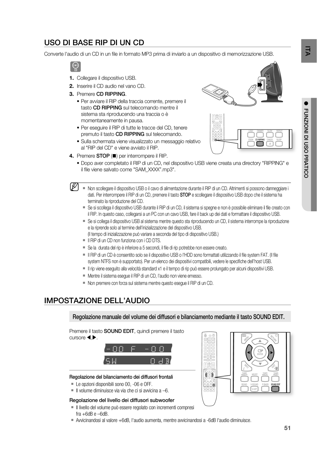 Samsung HT-X620T/XET manual USO DI Base RIP DI UN CD, Impostazione DELL’AUDIO 