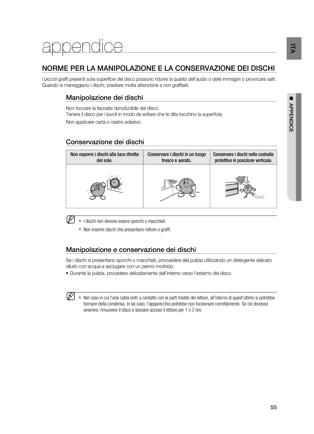 Samsung HT-X620T/XET manual Appendice, Norme per la manipolazione e la conservazione dei dischi, Manipolazione dei dischi 