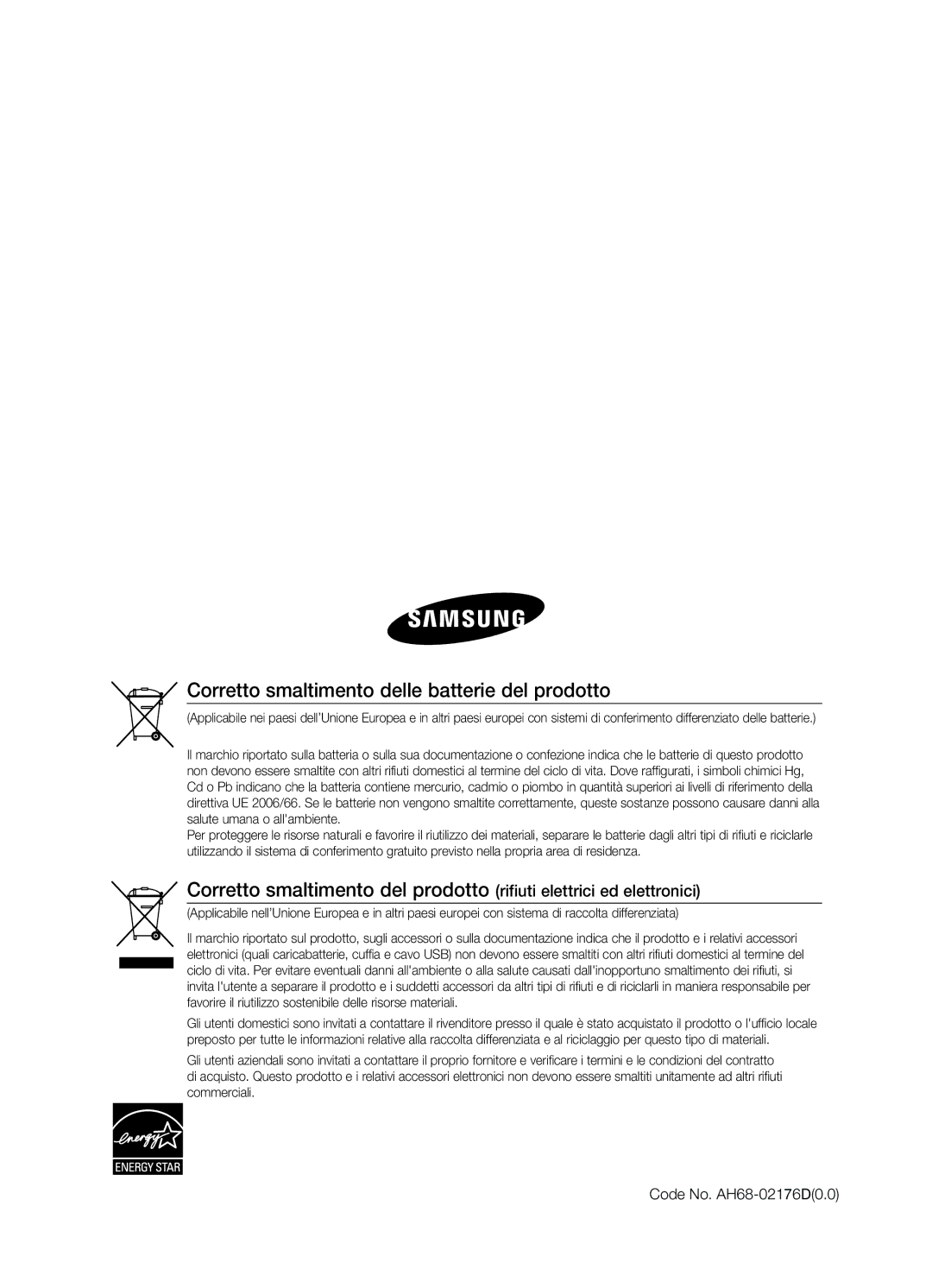 Samsung HT-X620T/XET manual Corretto smaltimento delle batterie del prodotto, Code No. AH68-02176D0.0 