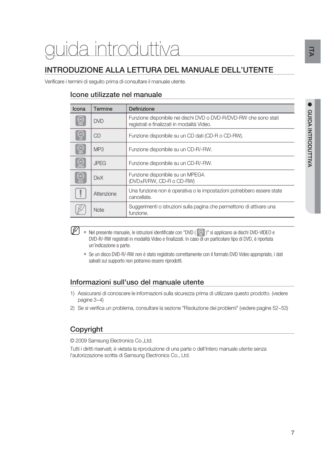 Samsung HT-X620T/XET Guida introduttiva, Introduzione alla lettura del manuale dell’utente, Icone utilizzate nel manuale 