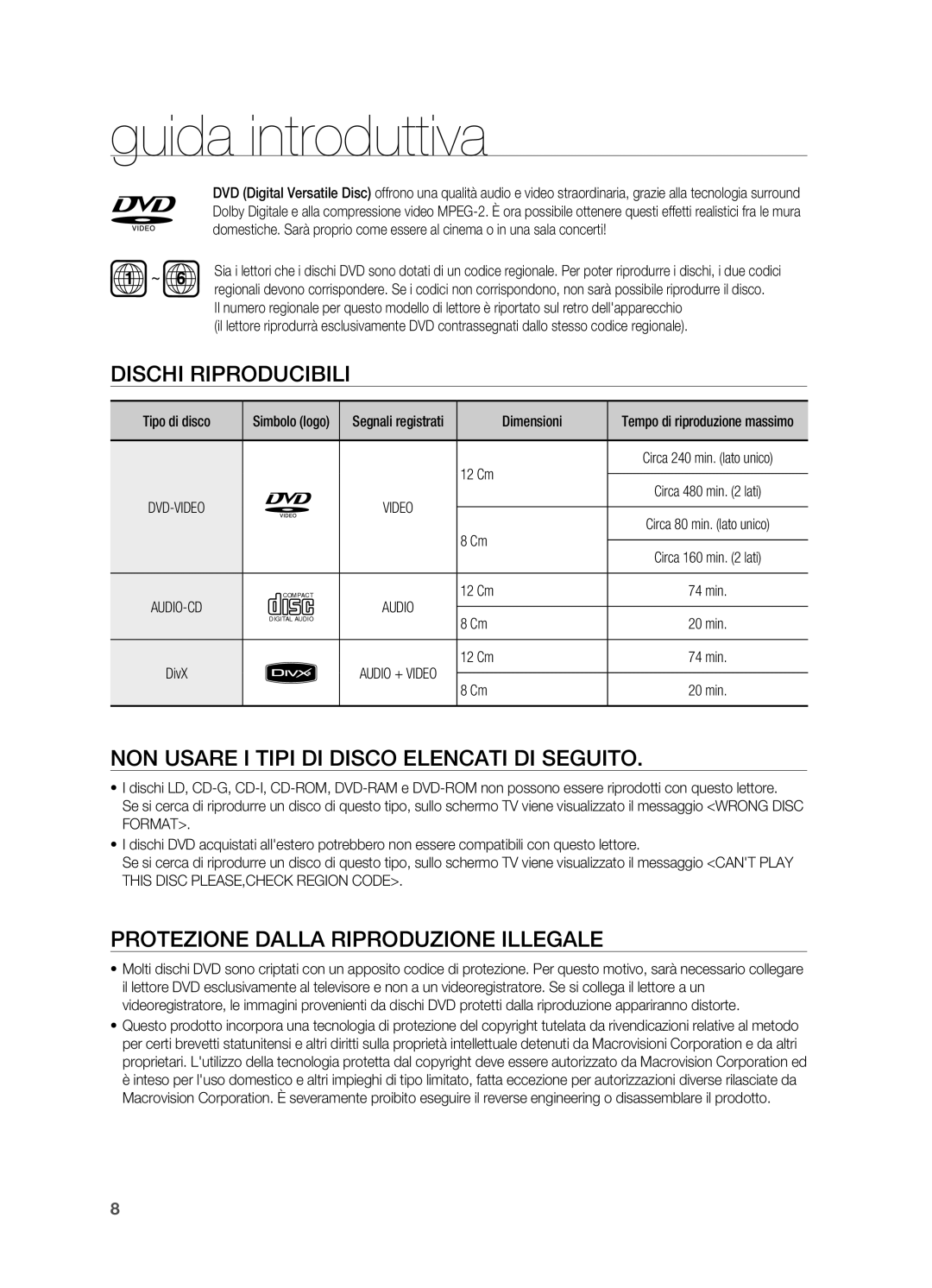 Samsung HT-X620T/XET manual Dischi riproducibili, Non usare i tipi di disco elencati di seguito, Dimensioni, 12 Cm 