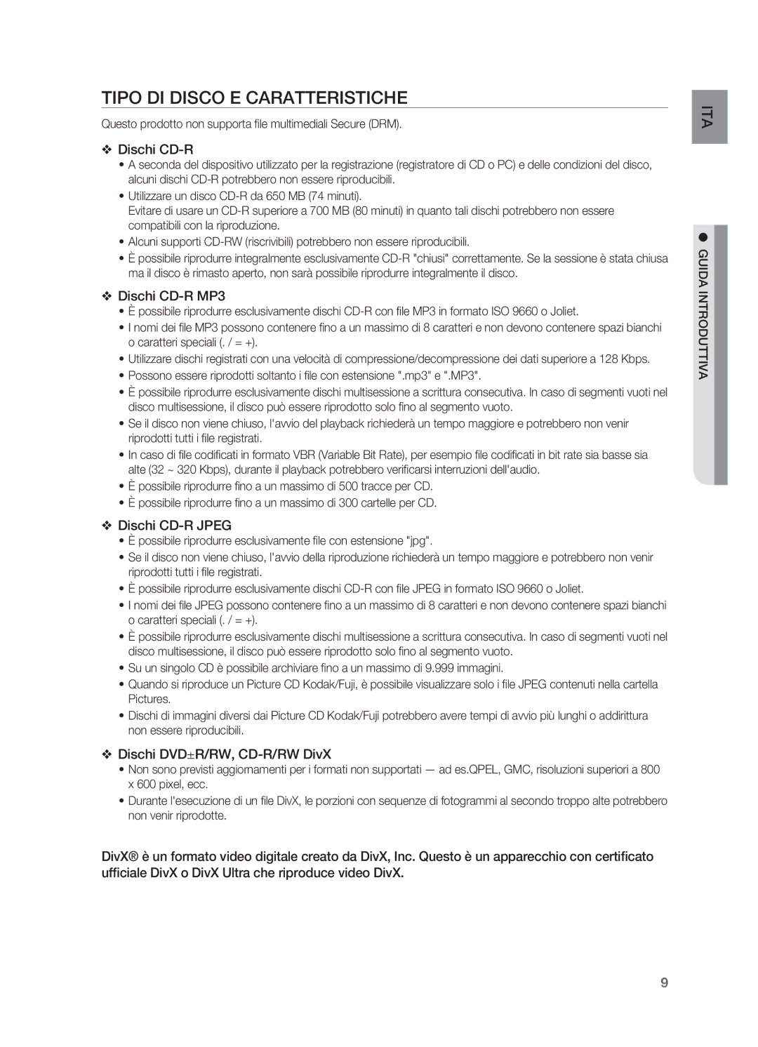 Samsung HT-X620T/XET manual Tipo DI Disco E Caratteristiche, Questo prodotto non supporta file multimediali Secure DRM 