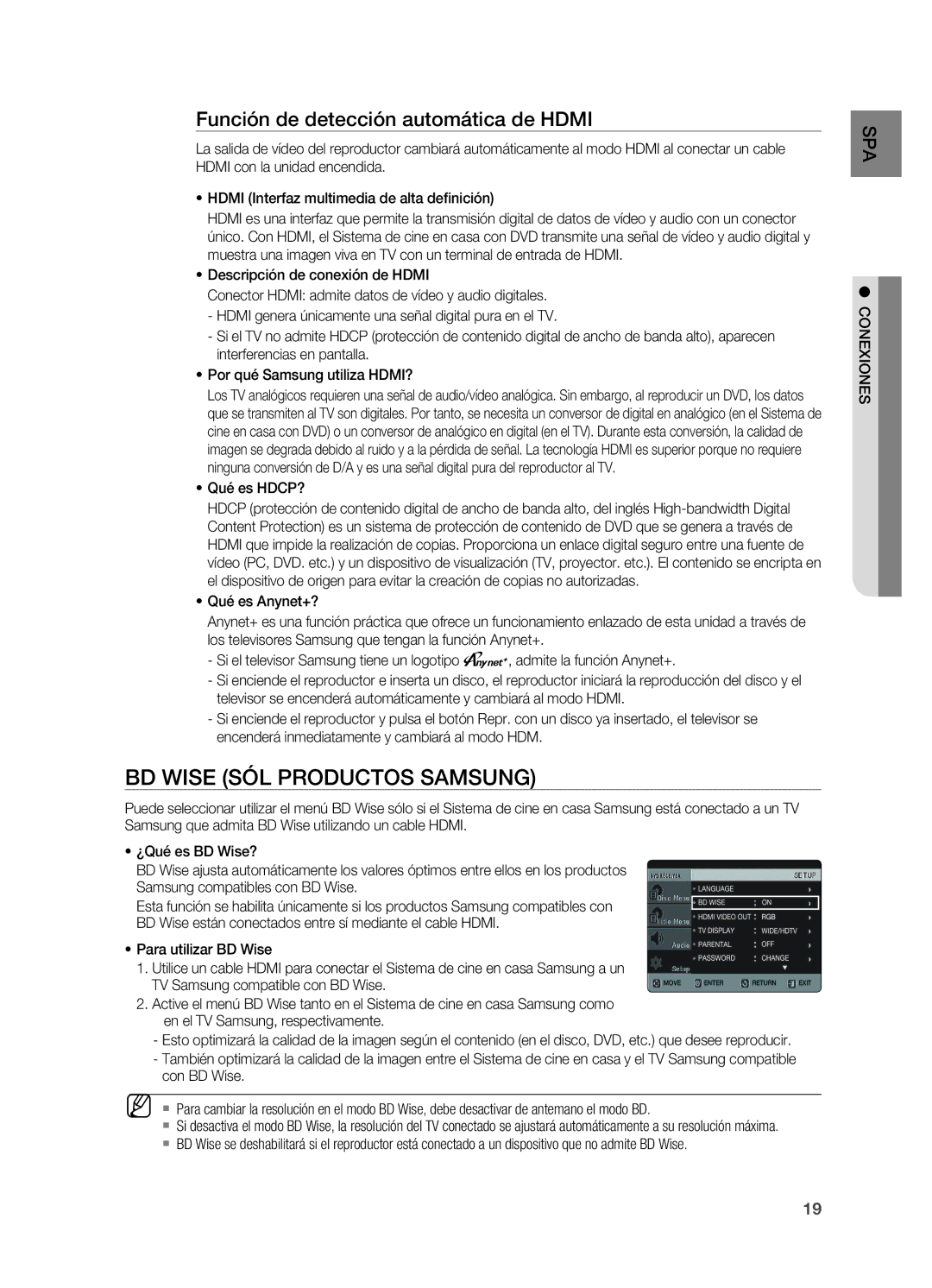 Samsung HT-X620T/XET BD Wise Sól productos Samsung, Función de detección automática de Hdmi, ~ Qué es HDCP?, Conexiones 