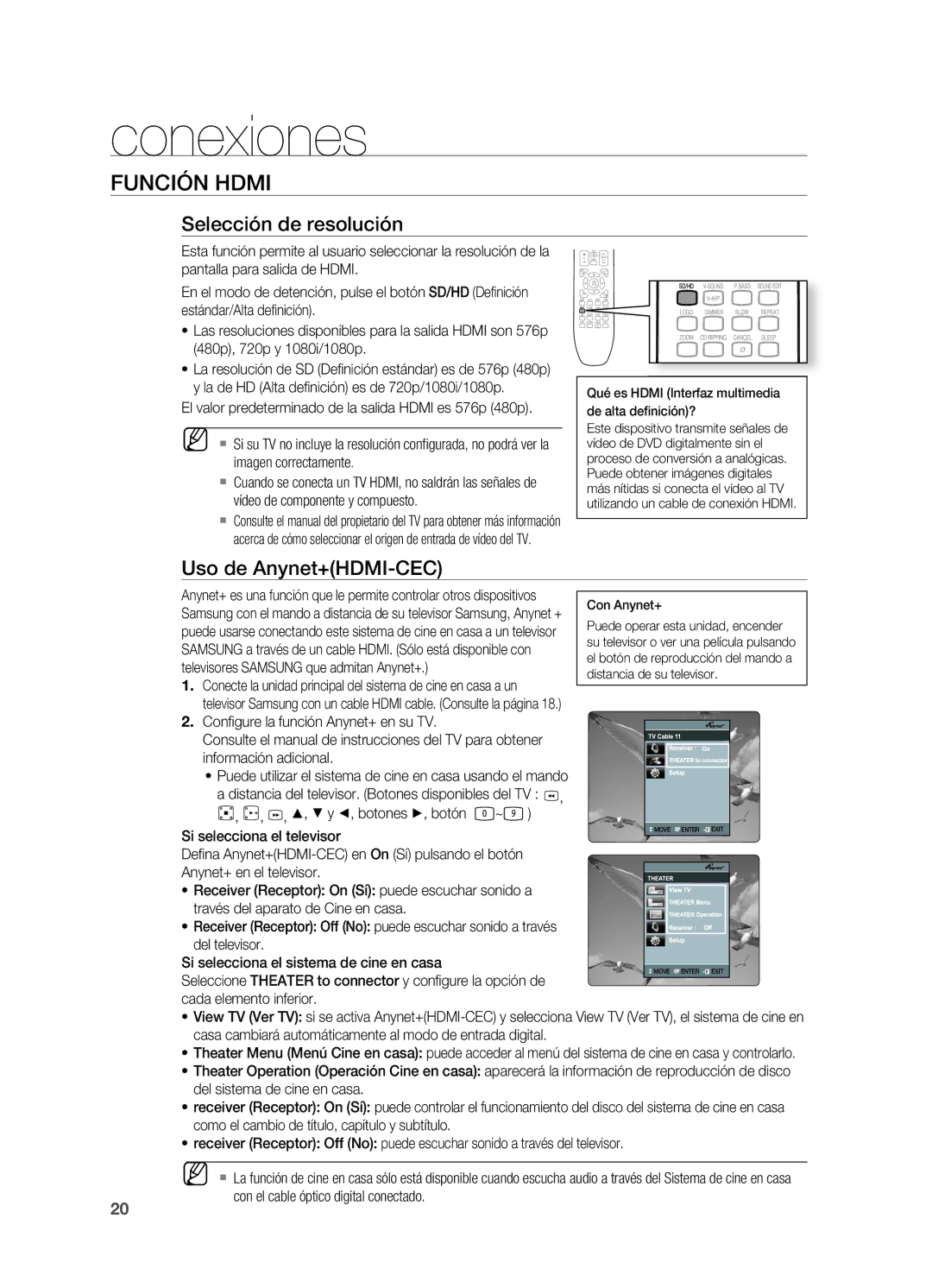 Samsung HT-X620T/XET manual Función Hdmi, Selección de resolución, Uso de Anynet+HDMI-CEC 