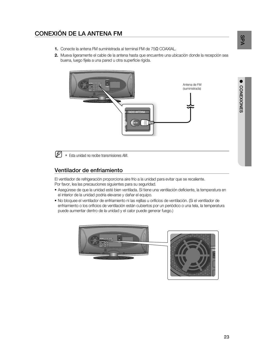 Samsung HT-X620T/XET manual Conexión DE LA Antena FM, Ventilador de enfriamiento, ` Esta unidad no recibe transmisiones AM 