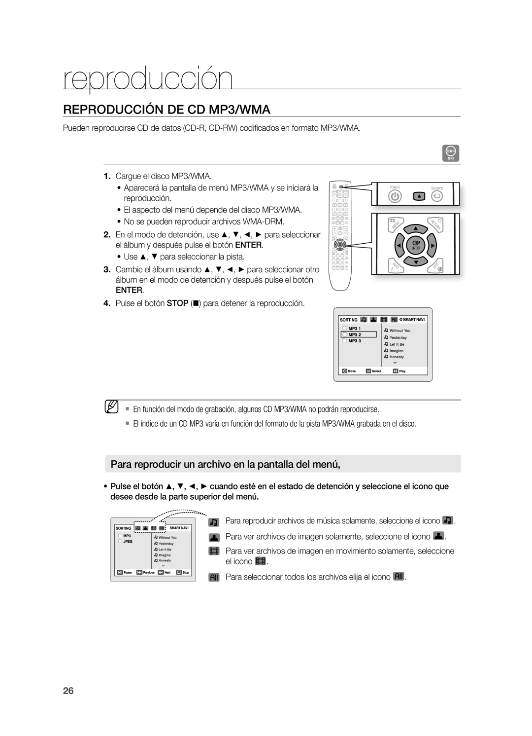 Samsung HT-X620T/XET manual Reproducción DE CD MP3/WMA, ~ Use $, % para seleccionar la pista, Enter 