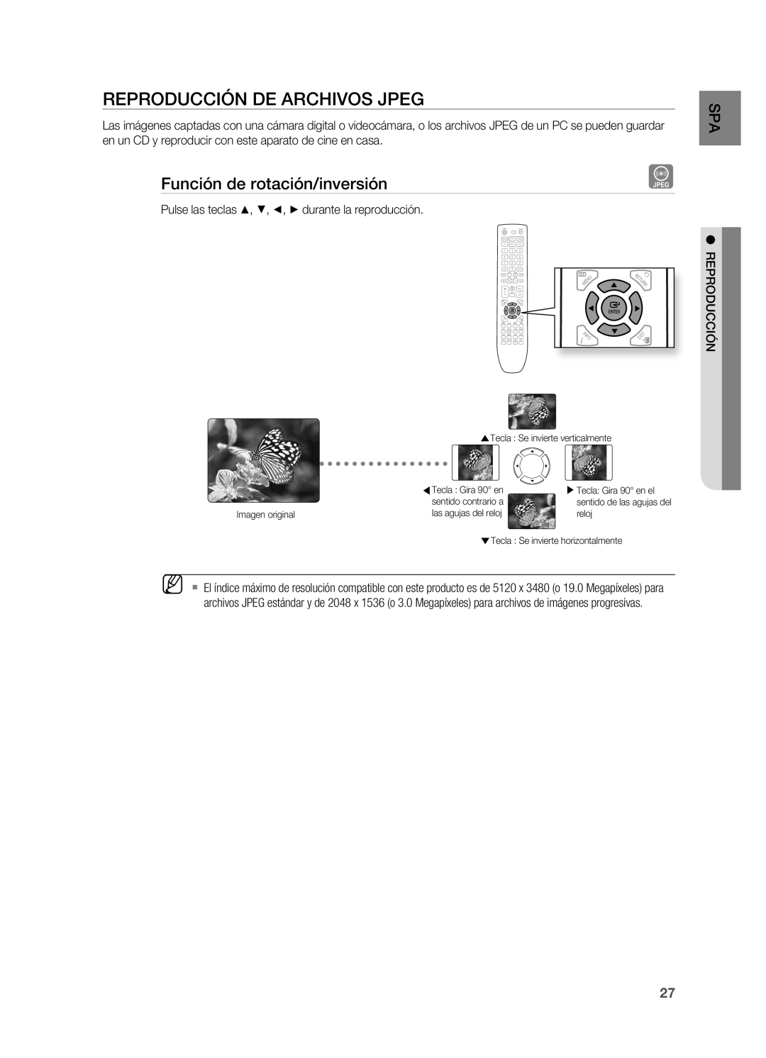 Samsung HT-X620T/XET manual Reproducción DE Archivos JPEg, Función de rotación/inversión 