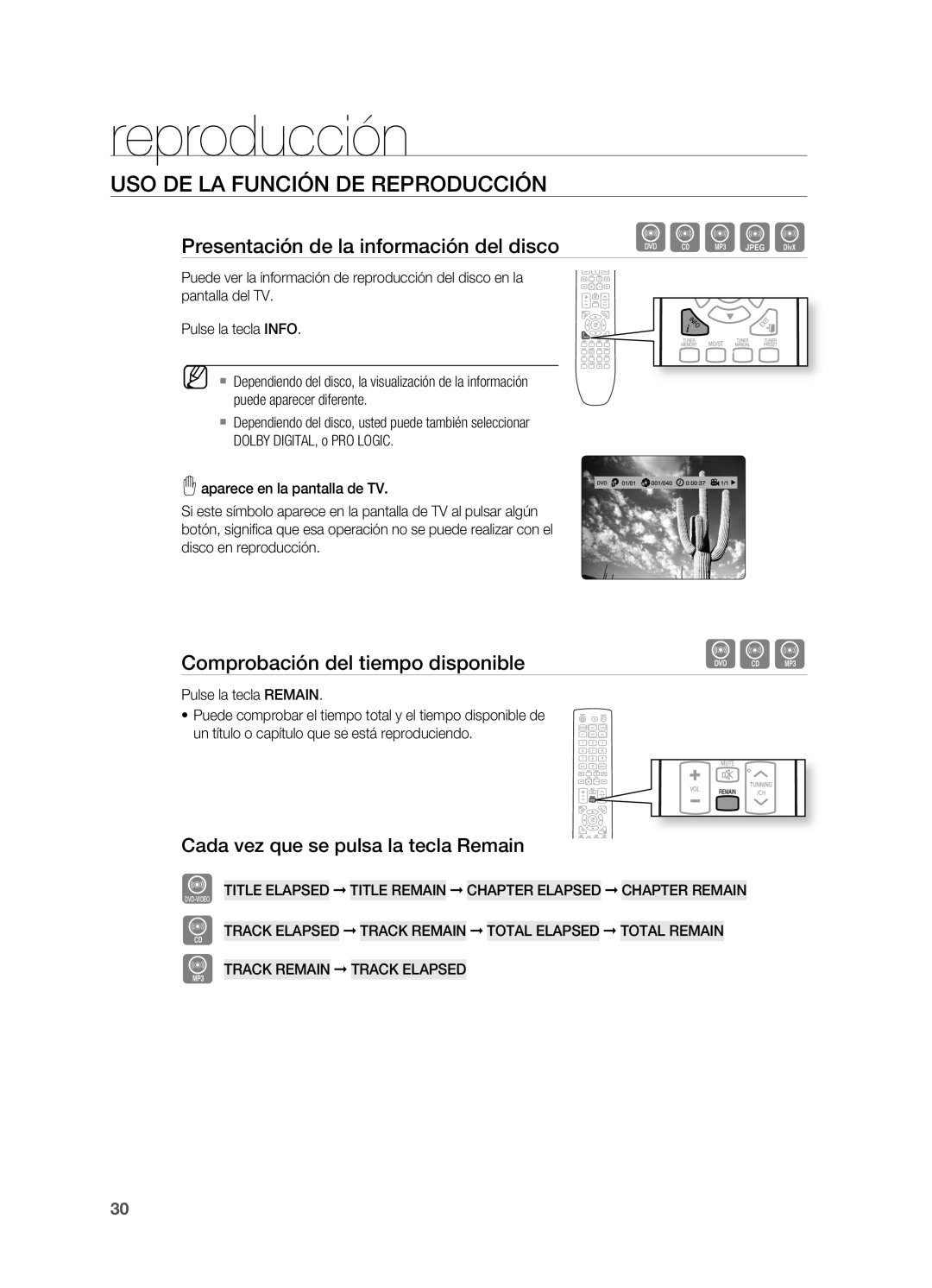 Samsung HT-X620T/XET USO DE LA Función DE Reproducción, Presentación de la información del disco, Pulse la tecla Remain 