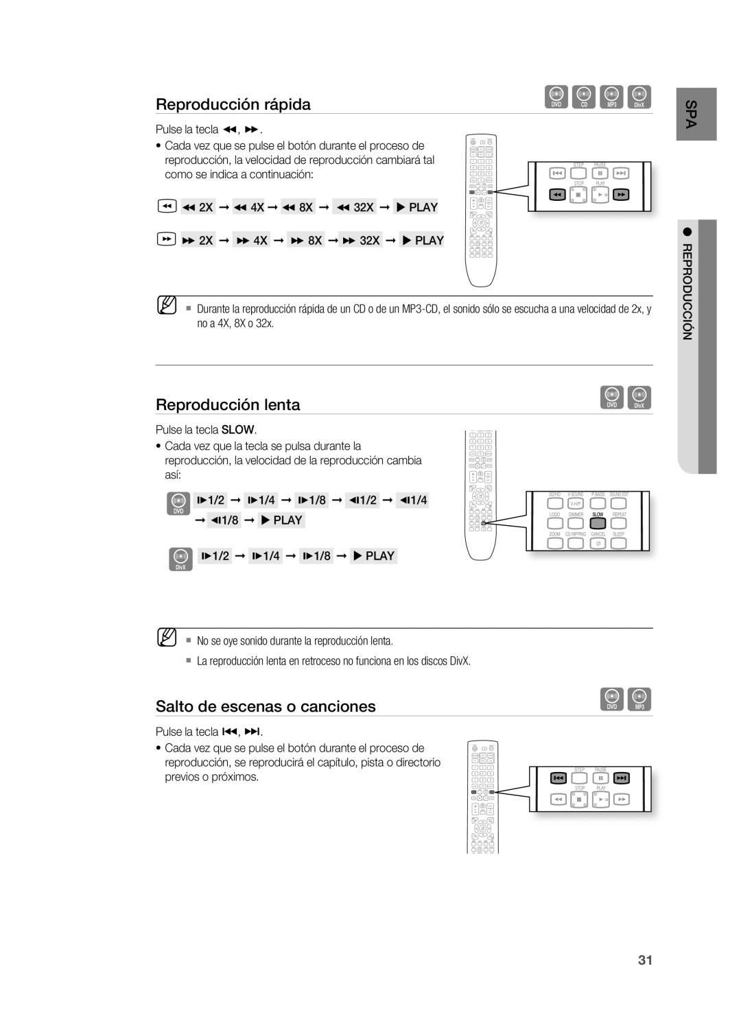 Samsung HT-X620T/XET manual Reproducción lenta, Salto de escenas o canciones, Pulse la tecla 